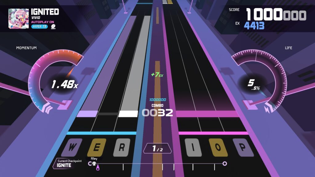 A screenshot during gameplay of the song "IGNITED" in the game EX-XDRiVER.